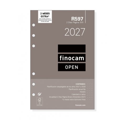 Finocam R597 Recambio para Agenda Open - Anual 2027 - 2 Dias por Pagina - Formato 500 - 117x181mm - 6 Taladros - Papel de 80g/m2 - Color Blanco