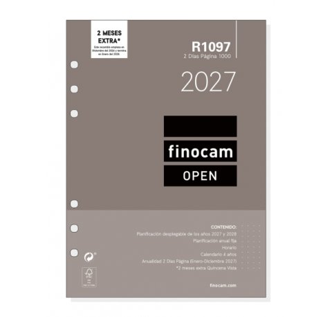 Finocam R1097 Recambio para Agenda Open - Anual 2027 - 2 Dias por Pagina - Formato 1000 - 155x215mm - 6 Taladros - Papel de 80g/m2 - Color Blanco