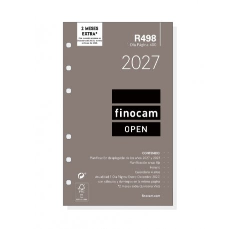 Finocam R498 Recambio para Agenda Open - Anual 2027 - 1 Dia por Pagina - Formato 400 - 91x152mm - 6 Taladros - Papel de 70g/m2 - Color Blanco