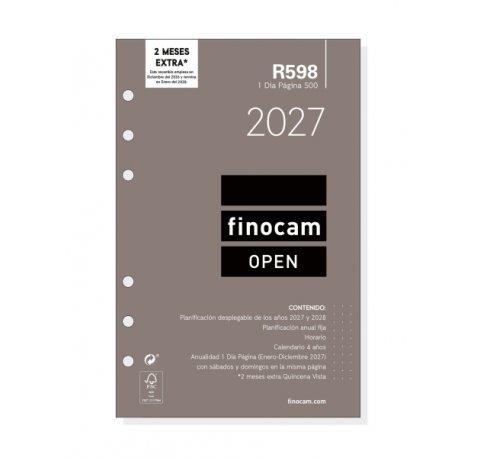 Finocam R598 Recambio para Agenda Open - Anual 2027 - 1 Dia por Pagina - Formato 500 - 117x181mm - 6 Taladros - Papel de 70g/m2 - Color Blanco