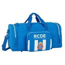 Safta RCD Espanyol Bolsa de Deporte - Bandolera Ajustable - Cremallera Doble - Bolsillo Frontal - Bolsillos Laterales - Fondo Semirigido - Tacos en Base - 550x270x260mm - Color Azul y Blanco