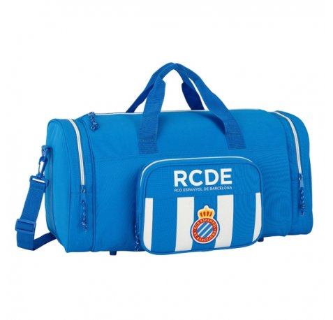 Safta RCD Espanyol Bolsa de Deporte - Bandolera Ajustable - Cremallera Doble - Bolsillo Frontal - Bolsillos Laterales - Fondo Semirigido - Tacos en Base - 550x270x260mm - Color Azul y Blanco
