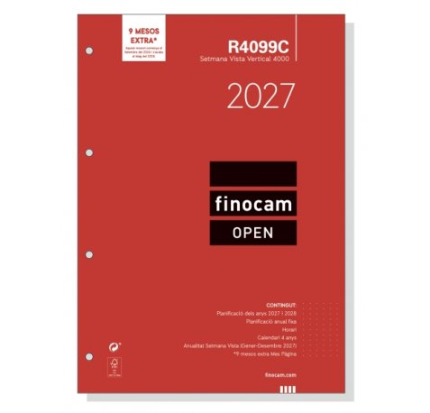 Finocam R4099C Recambio para Agenda Open en Catalan - Anual 2027 - Semana Vista Vertical - Formato A4 - 210x297mm - Papel de 80g/m2 - Color Blanco