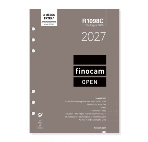 Finocam R1098C Recambio para Agenda Open en Catalan - Anual 2027 - 1 Dia por Pagina - Formato 1000 - 155x215mm - 6 Taladros - Papel de 70g/m2 - Color Blanco