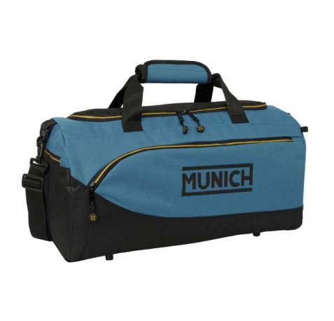 Safta Munich Bolsa de Deporte - Bandolera Ajustable - Bolsillos Laterales y Frontal - Fondo Semirigido Extraible - Cremallera con Doble Tirador - Tacos en la Base - 50x25x25cm - Color Negro y Azul