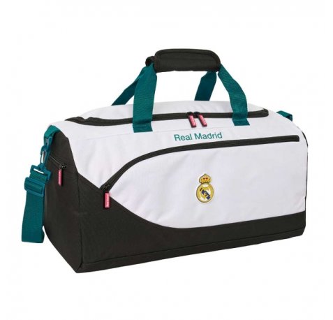 Safta Real Madrid Equipacion 26/27 Bolsa de Deporte - Bandolera Ajustable - Bolsillos Laterales y Frontal - Fondo Semirigido - Cremallera con Doble Tirador - 50x25x25cm - Color Blanco y Negro