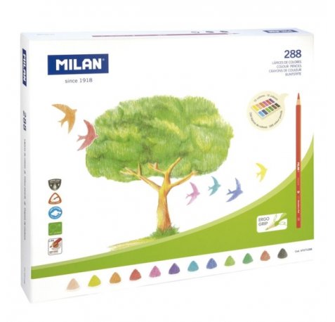 Milan Pack de 288 Lapices Triangulares de Colores - Mina 2.9mm - Ergonomicos - Resistente a la Rotura - Colores Surtidos