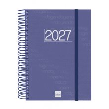 Finocam Espiral Basics Year Agenda en Catalan - Anual 2027 - 1 Dia por Pagina - Formato E10 - 155x212mm - Goma Elastica - Tapa de Polipropileno - Esquinas Microperforadas - Papel de 70g/m2 - Color Azul