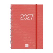 Finocam Espiral Basics Year Agenda - Anual 2027 - Semana Vista Horizontal - Formato E10 - 155x212mm - Espiral - Tapa de Polipropileno - Esquinas Microperforadas - Papel de 80g/m2 - Color Rojo