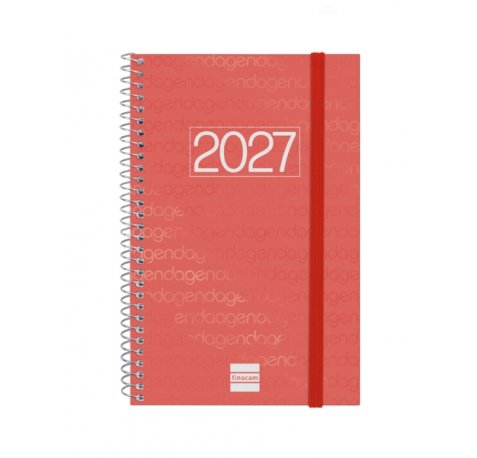 Finocam Espiral Basics Year Agenda en Catalan - Anual 2027 - Semana Vista Horizontal - Formato E5 - 117x181mm - Goma Elastica - Tapa de Polipropileno - Esquinas Microperforadas - Papel 80g/m2 - Color Rojo