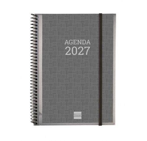 Finocam Basics Personalizable Agenda - Anual 2027 - Semana Vista Horizontal - Formato E10 - 155x212mm - Espiral - Tapa de Polipropileno - Esquinas Microperforadas - Papel de 80g/m2 - Color Gris