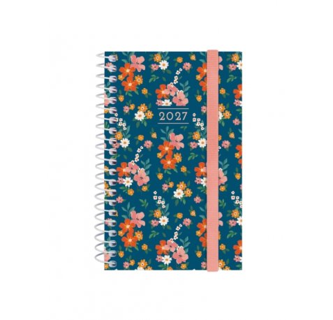 Finocam Trendy Design Collection Flora Agenda - Anual 2027 - Semana Vista Horizontal - Formato E3 - 79x127mm - Espiral - Tapa de Polipropileno - Esquinas Microperforadas - Papel de 80g/m2 - Multicolor