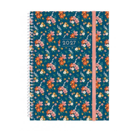 Finocam Trendy Design Collection Flora Agenda - Anual 2027 - Semana Vista Horizontal - Formato E10 - 155x212mm - Espiral - Tapa de Polipropileno - Esquinas Microperforadas - Papel de 80g/m2 - Multicolor