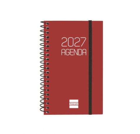 Finocam Espiral Basics Opaque Agenda - Anual 2027 - Semana Vista Horizontal - Formato E3 - 79x127mm - Espiral - Tapa de Polipropileno - Esquinas Microperforadas - Papel de 80g/m2 - Color Burdeos