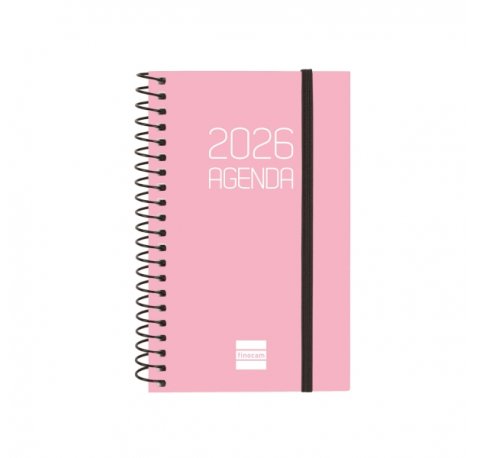 Finocam Opaque Agenda de Espiral en Catalan - Anual 2026 - Tapa Ligera - Cierre con Goma Elastica - Formato E3 - 85x14x127mm - Semana Vista Horizontal - Color Rosa
