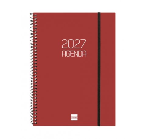 Finocam Espiral Basics Opaque Agenda - Anual 2027 - Semana Vista Horizontal - Formato E10 - 155x212mm - Espiral - Tapa de Polipropileno - Esquinas Microperforadas - Papel de 80g/m2 - Color Burdeos