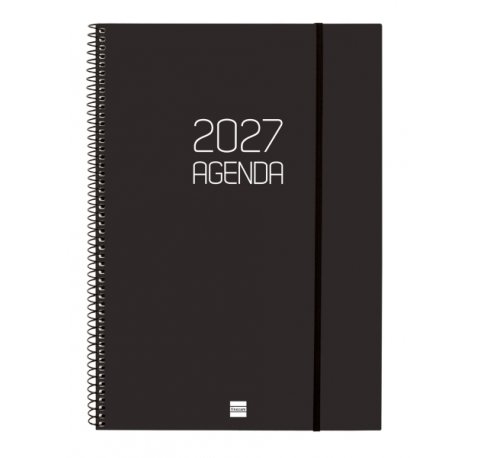 Finocam Espiral Basics Opaque Agenda - Anual 2027 - Semana Vista Horizontal - Formato E40 - 210x297mm - Espiral - Tapa de Polipropileno - Esquinas Microperforadas - Papel de 80g/m2 - Color Negro