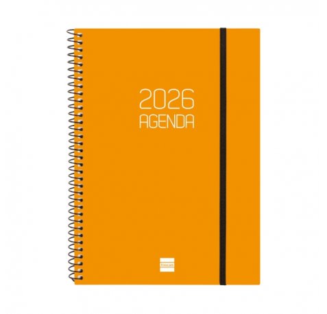 Finocam Opaque Agenda de Espiral en Catalan - Anual 2026 - Tapa Ligera - Cierre con Goma Elastica - Formato E10 - 217x14x297mm - Semana Vista Horizontal - Color Naranja