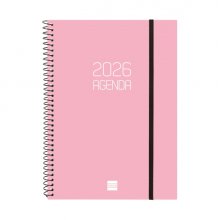 Finocam Opaque Agenda de Espiral en Catalan - Anual 2026 - Tapa Ligera - Cierre con Goma Elastica - Formato E10 - 217x14x297mm - Semana Vista Horizontal - Color Rosa
