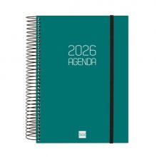 Finocam Opaque Agenda de Espiral - Anual 2026 - Tapa Ligera - Cierre con Goma Elastica - Formato E10 - 175x29x212mm - 1 Dia por Pagina - Color Verde