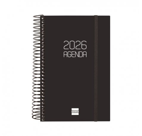 Finocam Opaque Agenda de Espiral en Catalan - Anual 2026 - Tapa Ligera - Cierre con Goma Elastica - Formato E5 - 135x24x181mm - 1 Dia por Pagina - Color Negro