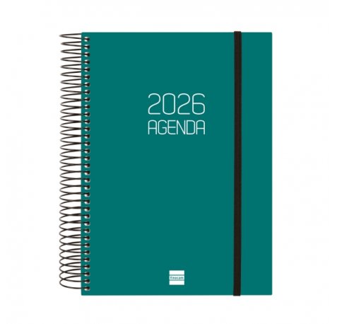 Finocam Opaque Agenda de Espiral en Catalan - Anual 2026 - Tapa Ligera - Cierre con Goma Elastica - Formato E10 - 175x29x212mm - 1 Dia por Pagina - Color Verde