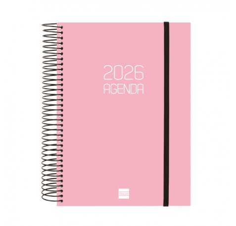 Finocam Opaque Agenda de Espiral en Catalan - Anual 2026 - Tapa Ligera - Cierre con Goma Elastica - Formato E10 - 175x29x212mm - 1 Dia por Pagina - Color Rosa