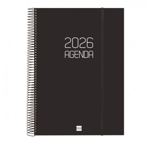 Finocam Opaque Agenda de Espiral en Catalan - Anual 2026 - Tapa Ligera - Cierre con Goma Elastica - Formato E40 - 230x29x297mm - 1 Dia por Pagina - Color Negro