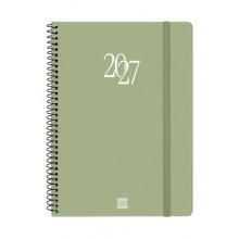 Finocam Espiral Basics My Agenda - Anual 2027 - Semana Vista Horizontal - Formato E10 - 155x212mm - Espiral - Tapa Dura de Carton Forrado - Esquinas Microperforadas - Papel de 80g/m2 - Color Verde