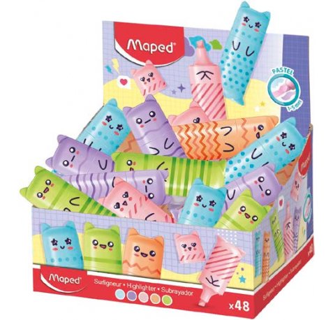 Maped Kawaii Expositor con 48 Mini Marcadores Fluorescentes Pastel - Divertidos DiseÃ±os Kawaii - Trazo de 1 a 5mm - Ideal para Subrayar y Resaltar - Colores Surtidos