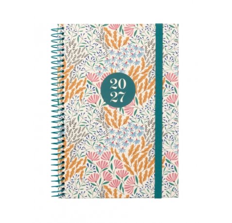 Finocam Moda Espiga Agenda Internacional - Anual 2027 - Semana Vista Vertical - 140x204mm - Goma Elastica - Tapa Dura de Carton Forrado - Esquinas Microperforadas - Papel de 80g/m2 - Multicolor