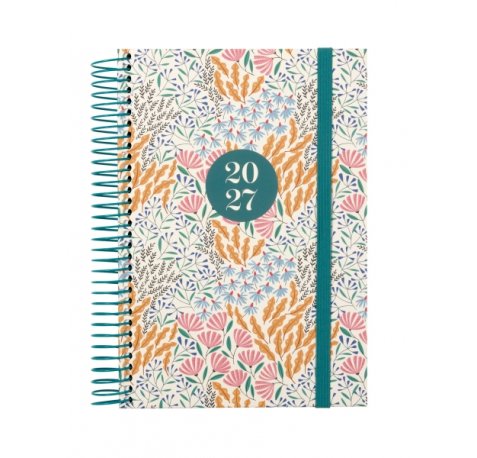 Finocam Moda Espiga Agenda Internacional - Anual 2027 - 1 Dia por Pagina - 140x204mm - Goma Elastica - Tapa Dura de Carton Forrado - Esquinas Microperforadas - Papel de 80g/m2 - Multicolor