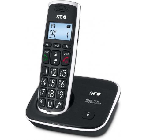 SPC Telefono Fijo Inalambrico para Mayores - Teclas y Numeros Extragrandes - Volumen de Auricular Amplificado - Agenda y 2 Memorias Directas - Identificador de Llamadas y Manos Libres - Pilas Recargables - Version Duo - Color Negro