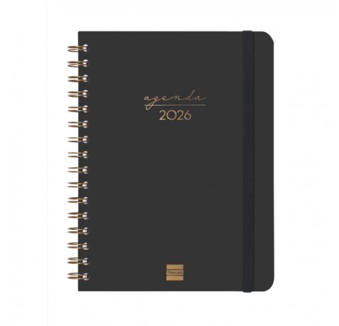 Finocam Alma Agenda - Anual 2026 - con Espiral - Formato E10 - 172x19x220mm - Semana Vista Horizontal - Color Negro