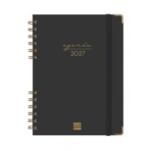 Finocam Espiral Trendy Alma Agenda - Anual 2027 - Semana Vista Horizontal - Formato E10 - 155x212mm - Espiral - Tapa Dura de Carton Forrado - Esquinas Microperforadas - Papel de 80g/m2 - Color Negro