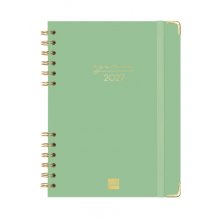 Finocam Espiral Trendy Alma Agenda - Anual 2027 - Semana Vista Horizontal - Formato E10 - 155x212mm - Espiral - Tapa Dura de Carton Forrado - Esquinas Microperforadas - Papel de 80g/m2 - Color Verde