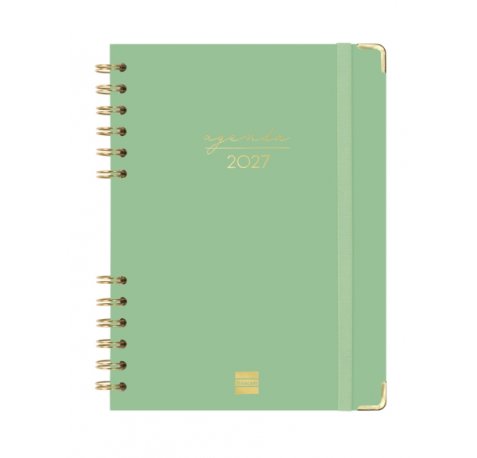 Finocam Espiral Trendy Alma Agenda - Anual 2027 - Semana Vista Horizontal - Formato E10 - 155x212mm - Espiral - Tapa Dura de Carton Forrado - Esquinas Microperforadas - Papel de 80g/m2 - Color Verde