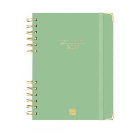 Finocam Espiral Trendy Alma Agenda - Anual 2027 - 1 Dia por Pagina - Formato E10 - 155x212mm - Espiral - Tapa Dura de Carton Forrado - Esquinas Microperforadas - Papel de 70g/m2 - Color Verde