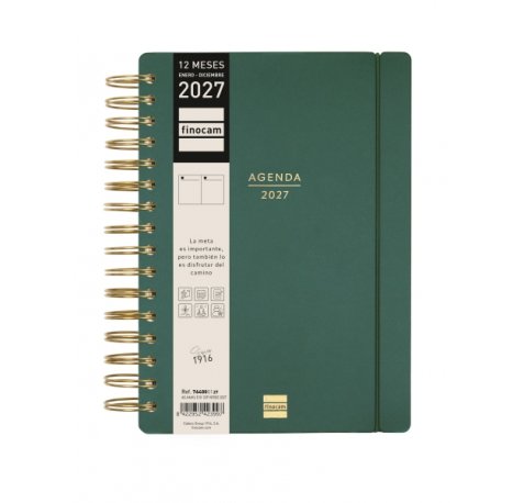 Finocam Haiku Agenda - Anual 2027 - 1 Dia por Pagina - Formato E10 - 155x212mm - Espiral Doble - Tapa Dura de Tacto Suave - Goma Elastica - Papel de 95g/m2 - Color Verde
