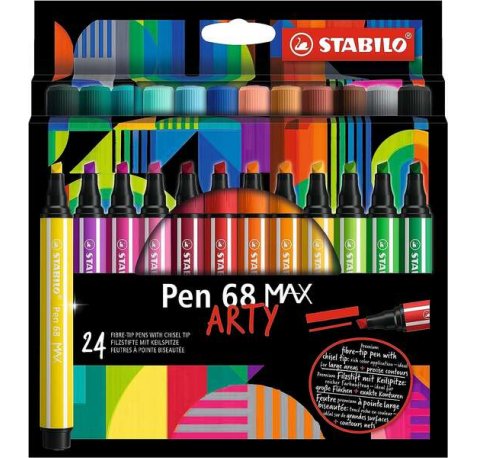 Stabilo Pen 68 MAX Arty Pack de 24 Rotuladores - Punta de Fibra Biselada - Trazo entre 1-5mm aprox. - Tinta a Base de Agua - Colores Surtidos
