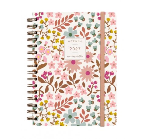 Finocam Moniquilla Agenda - Anual 2027 - Semana Vista Horizontal - Formato E10 - 155x212mm - Espiral Doble - Tapa Dura de Carton Forrado - Esquinas Microperforadas - Papel de 80g/m2 - Color Rosa
