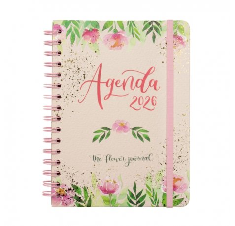 Finocam Flower Journal Agenda de Espiral - Anual 2026 - Tapa Dura - Cierre de Goma - Formato E10 - 155X212mm - Semana Vista Horizontal - Color Rosa