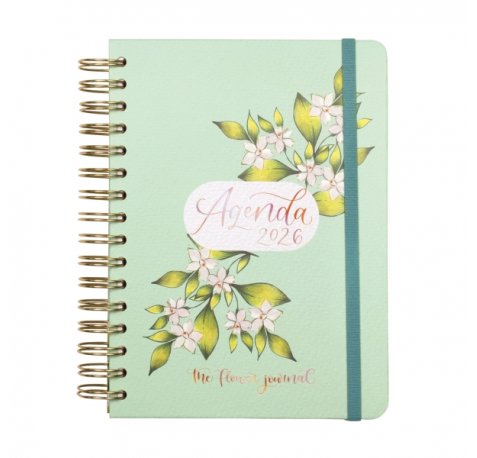 Finocam Flower Journal Agenda de Espiral - Anual 2026 - Tapa Dura - Cierre de Goma - Formato E10 - 155X212mm - 1 Dia por Pagina - Color Verde