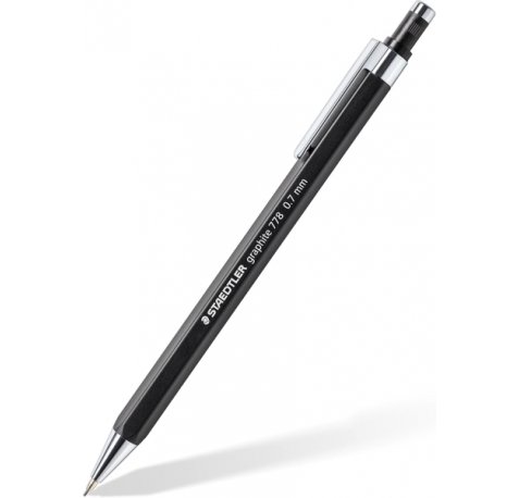 Staedtler Graphite 778 Portaminas 0.7mm - Cuerpo Hexagonal Negro Mate - Punta Metalica Retractil - Mina Amortiguada - Clip Metalico - Goma de Borrar (10 uds)
