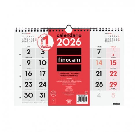 Finocam Calendario de Pared - Anual 2026 - Formato M - 300x5x220mm - Numeros Grandes - Color Blanco y Rojo