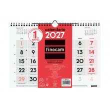 Finocam Neutro Calendario de Pared - Anual 2027 - Mes Vista - Formato M - 300x210mm - Espiral Doble - Papel de 120g/m2 - Numeros Grandes - Color Rojo y Blanco