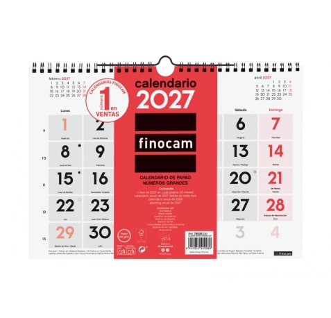 Finocam Neutro Calendario de Pared - Anual 2027 - Mes Vista - Formato M - 300x210mm - Espiral Doble - Papel de 120g/m2 - Numeros Grandes - Color Rojo y Blanco