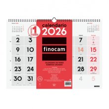 Finocam Calendario de Pared - Anual 2026 - 430x5x320mm - Numeros Grandes - Color Blanco y Rojo