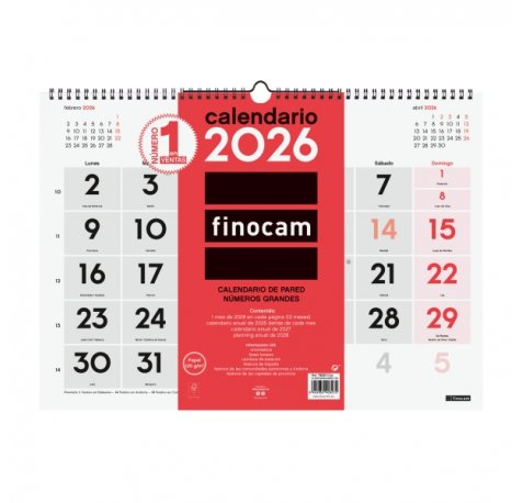 Finocam Calendario de Pared - Anual 2026 - 430x5x320mm - Numeros Grandes - Color Blanco y Rojo