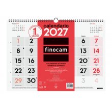 Finocam Neutro Calendario de Pared - Anual 2027 - Mes Vista - Formato L - 430x310mm - Espiral Doble - Papel de 120g/m2 - Numeros Grandes - Color Rojo y Blanco